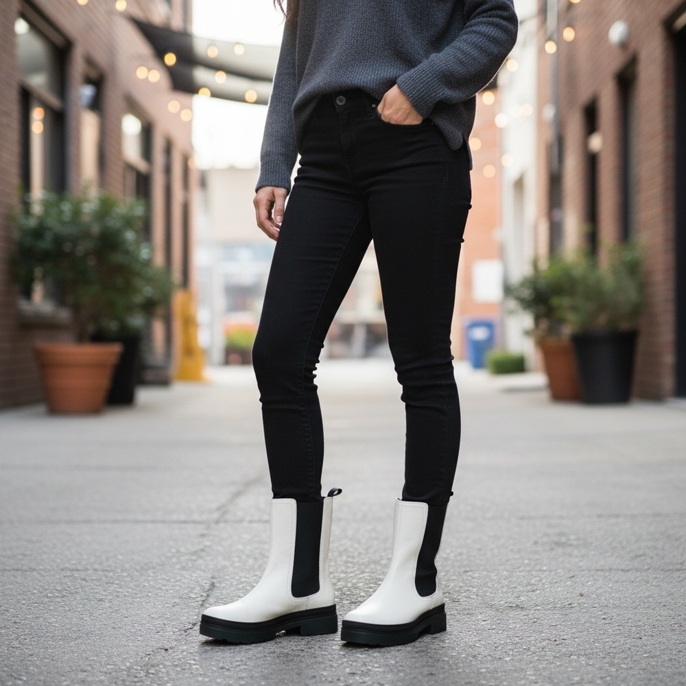 $499 Frye Chloe White Real Leather Black Retro Comfy Elastic Pull On Ankle Boot - Picture 7 of 16